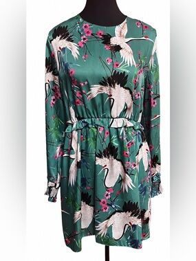 Dress – Size Large Zara Basic Heron & Cherry Blossom Satin-Like Dress